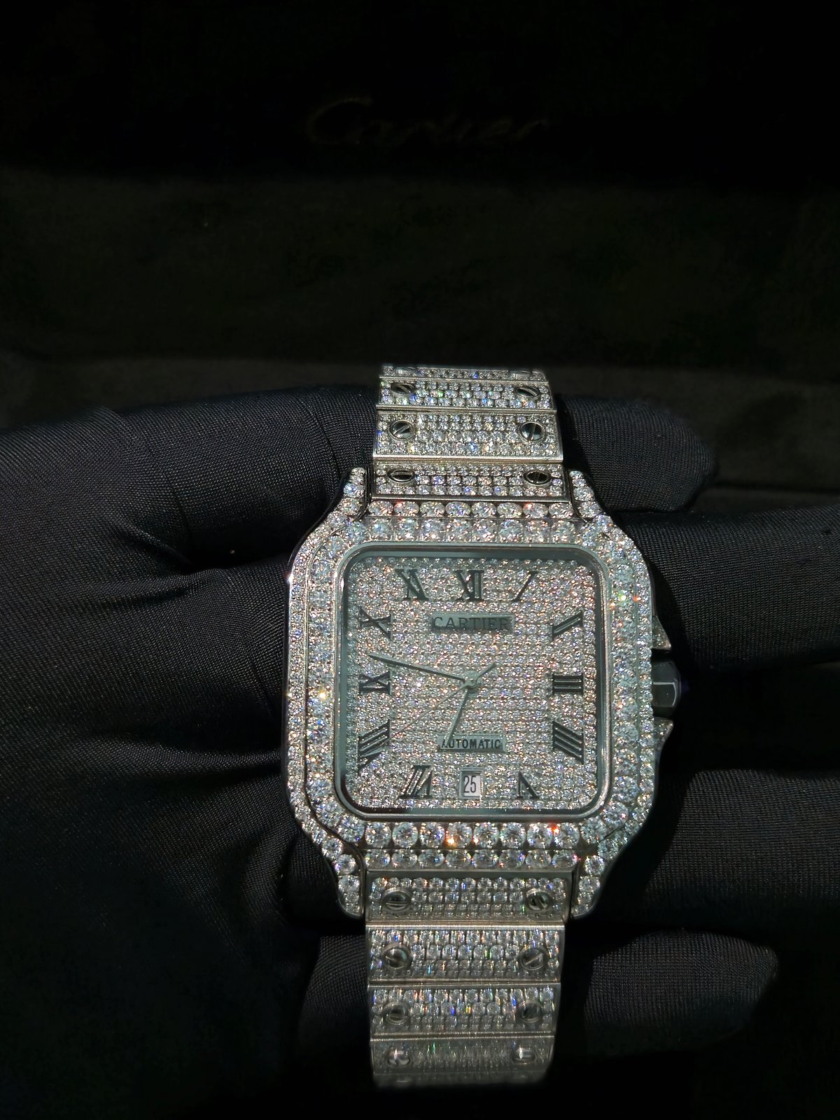 Cartier Santos Moissanite Watch 40mm Black Roman Dial