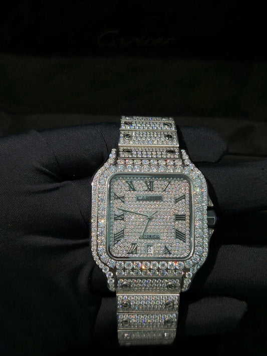 Cartier Santos Moissanite Watch 40mm Black Roman Dial